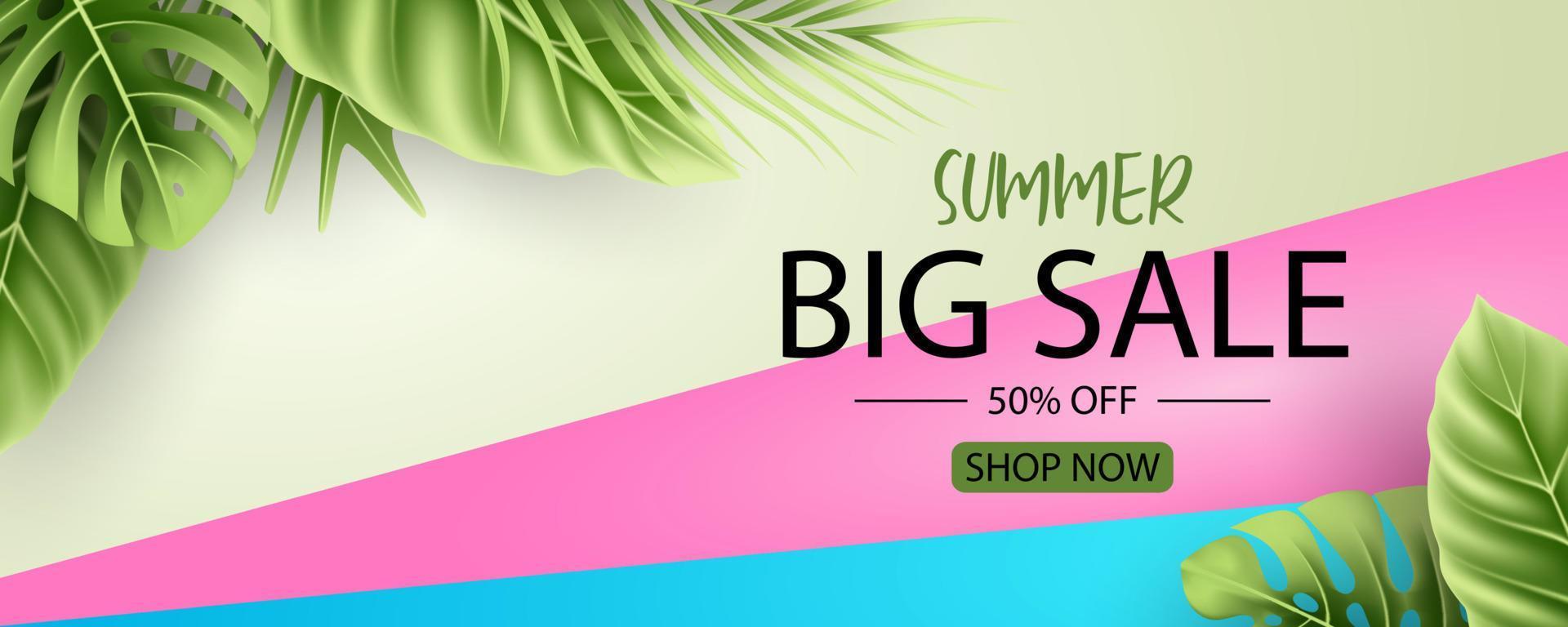 diseño de banner de venta de verano con fondo de hojas tropicales vector