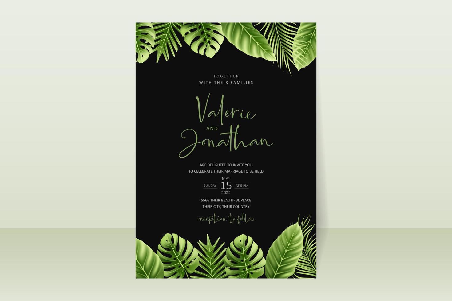 Wedding invitation concept with realistic tropical leaves vector