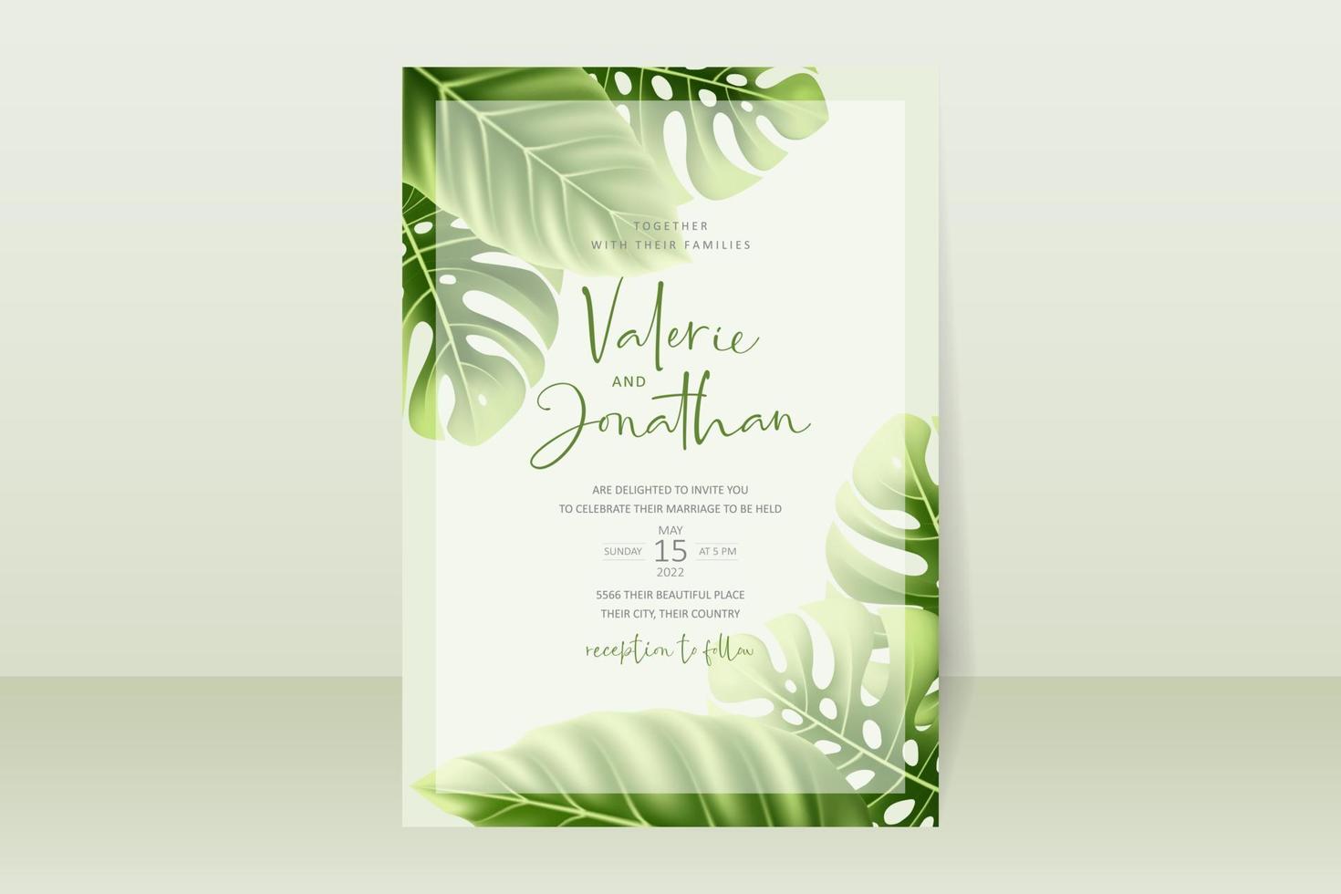 concepto de invitación de boda con hojas tropicales realistas vector