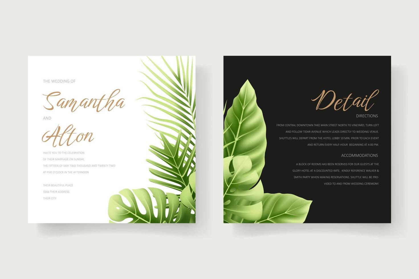 Wedding invitation template with realistic tropical summer leaves vector