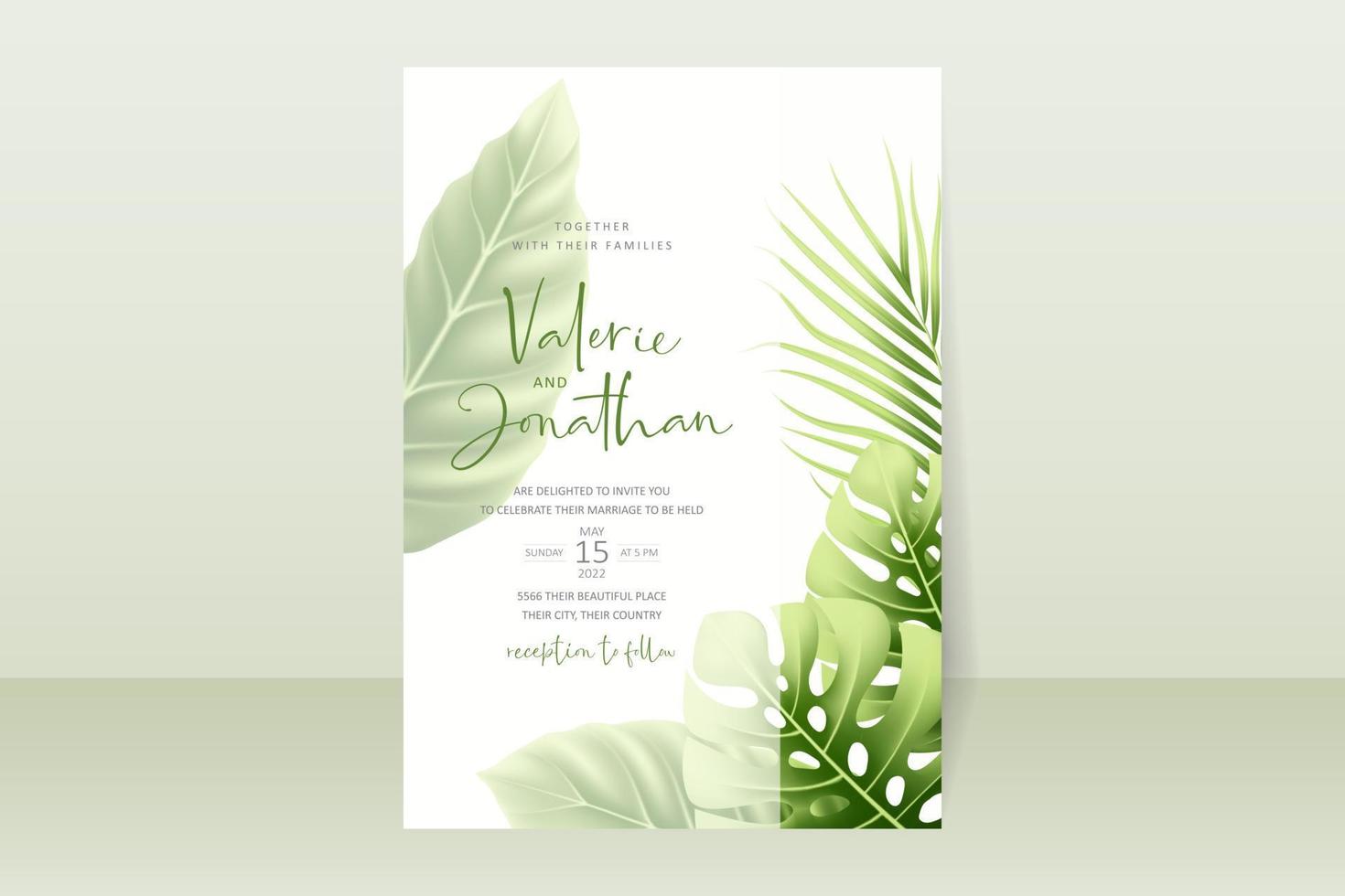 Wedding invitation template with realistic tropical summer leaves vector