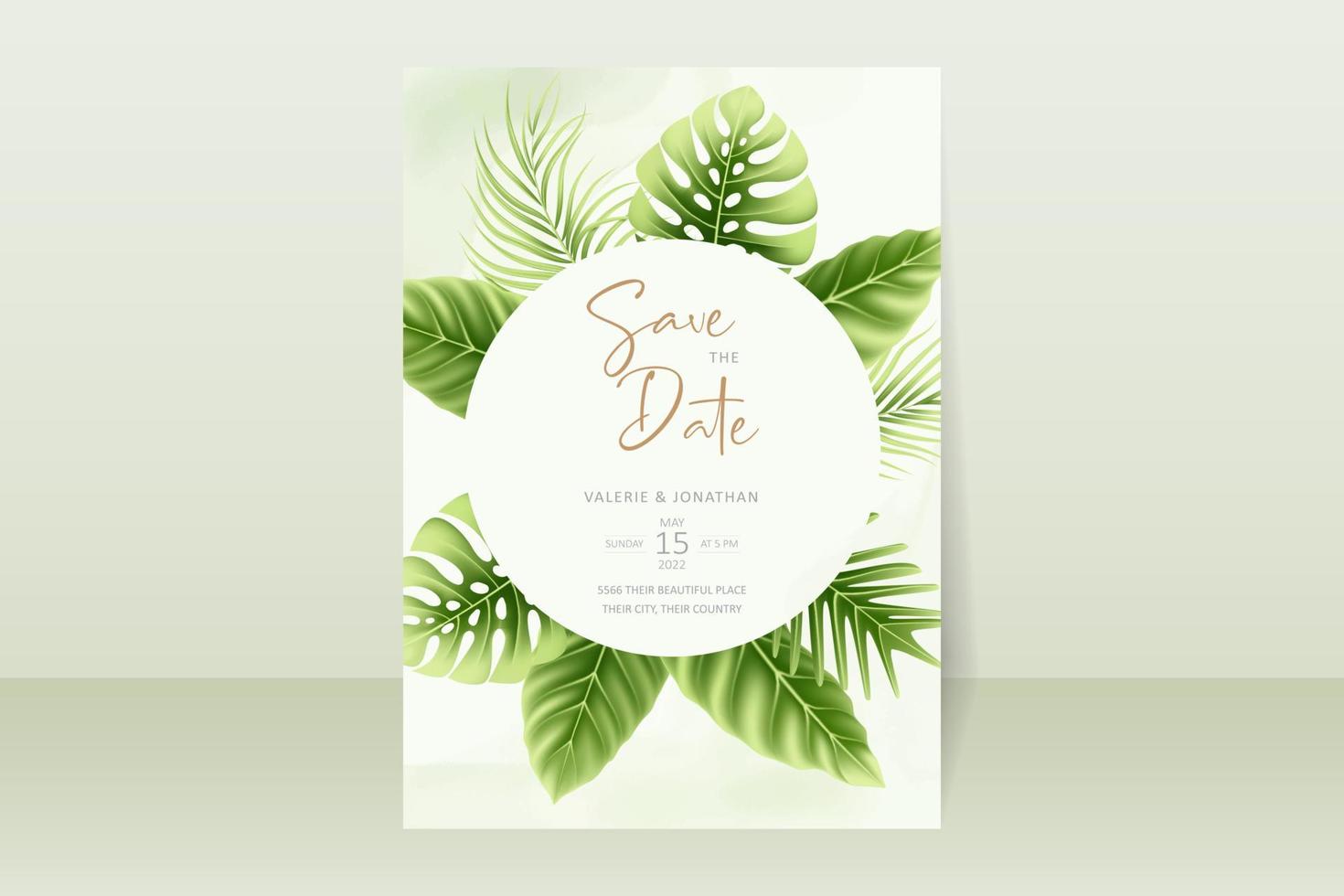 plantilla de invitación de boda con hojas de verano tropicales realistas vector