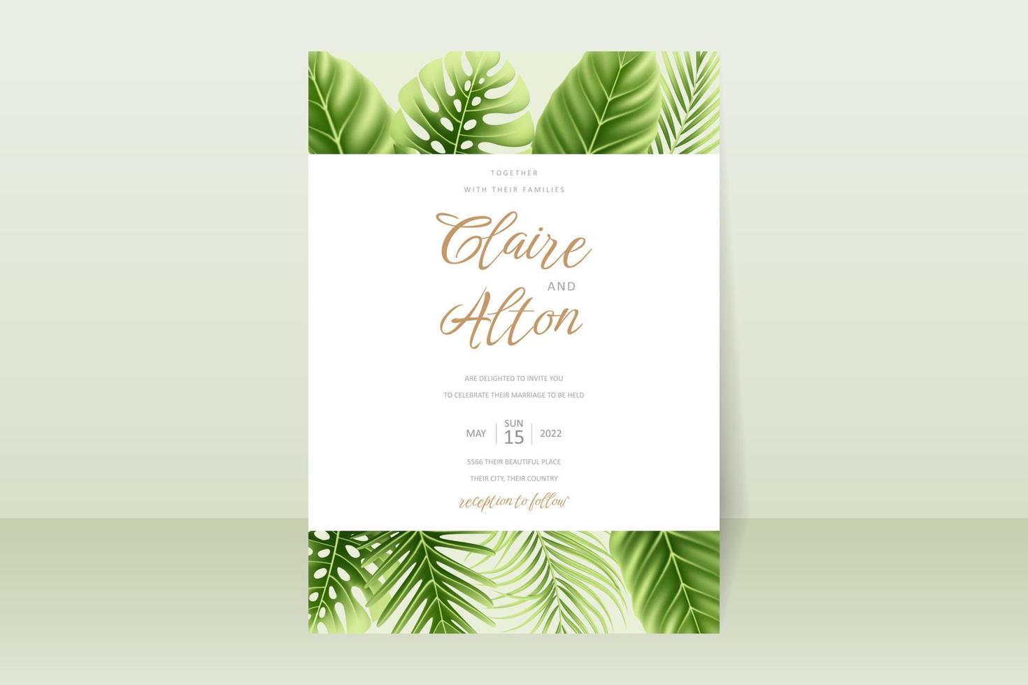 Wedding invitation template with realistic tropical summer leaves vector