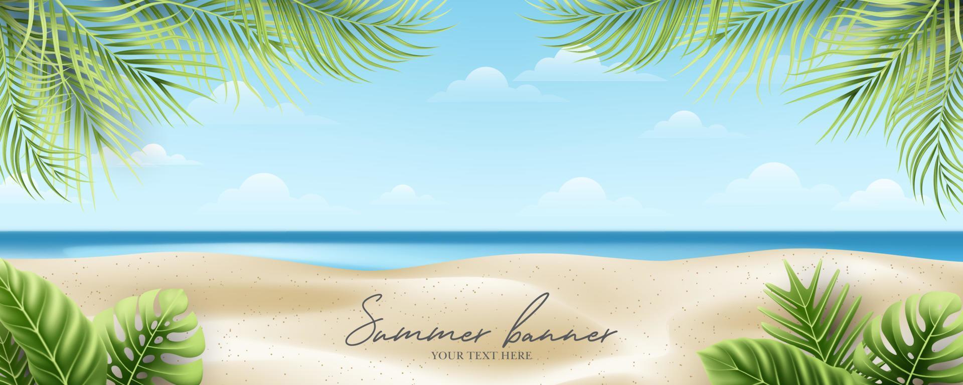 concepto de banner de verano y vacaciones en la hermosa playa tropical y fondo de follaje vector