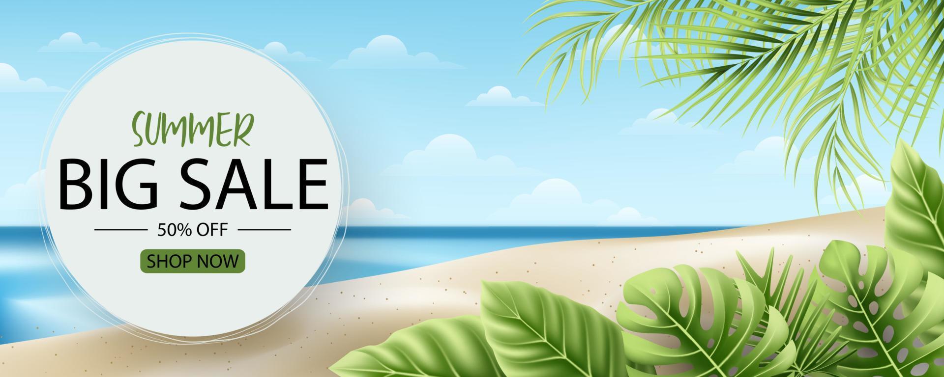 diseño de banner de venta de verano con fondo de hojas tropicales vector