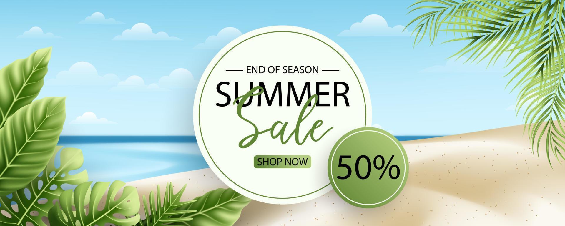 Summer sale banner design with tropical leaves background vector