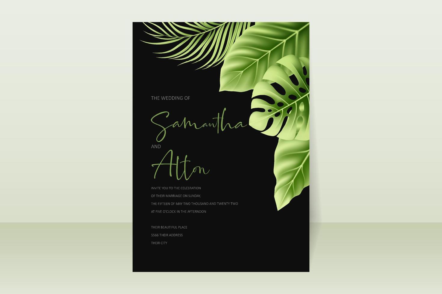 Wedding invitation template with realistic tropical summer leaves vector