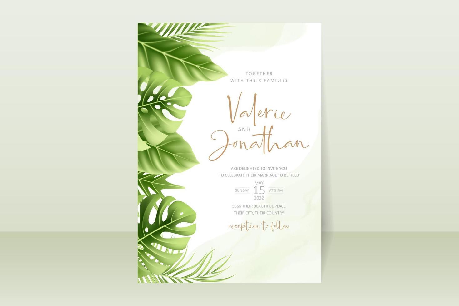 Wedding invitation template with realistic tropical summer leaves vector