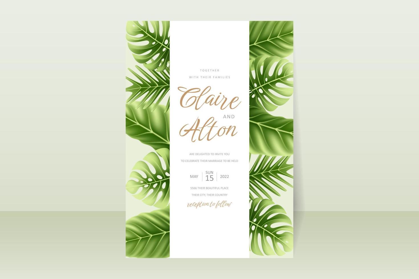 Wedding invitation template with realistic tropical summer leaves vector