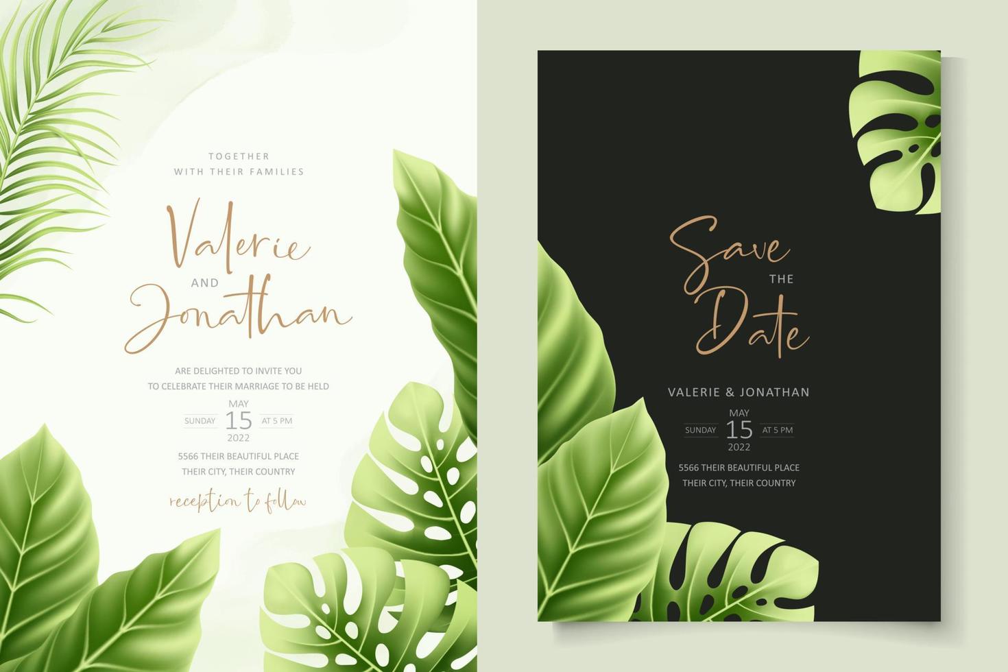 plantilla de invitación de boda con hojas de verano tropicales realistas vector