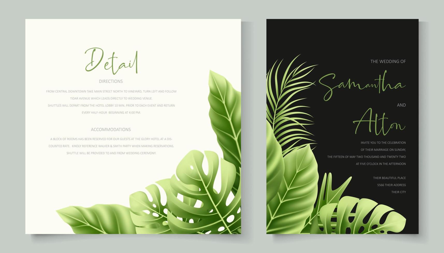 Wedding invitation template with realistic tropical summer leaves vector