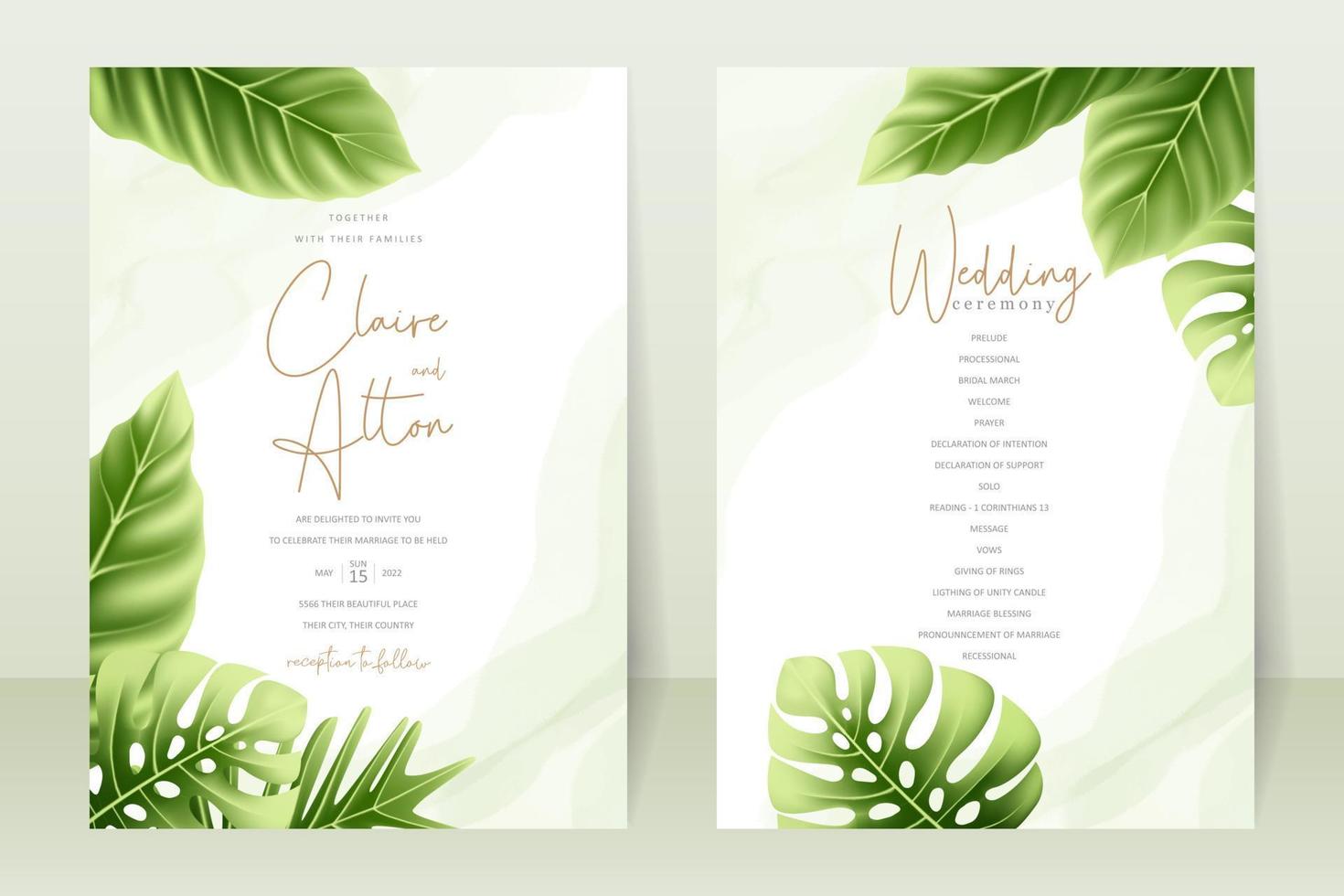 concepto de invitación de boda con hojas tropicales realistas vector