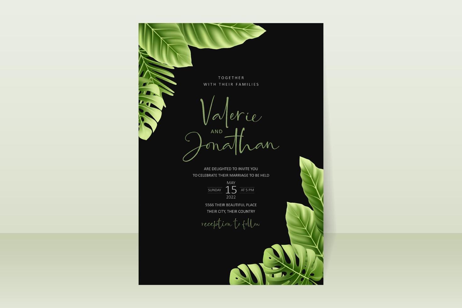 Wedding invitation template with realistic tropical summer leaves vector