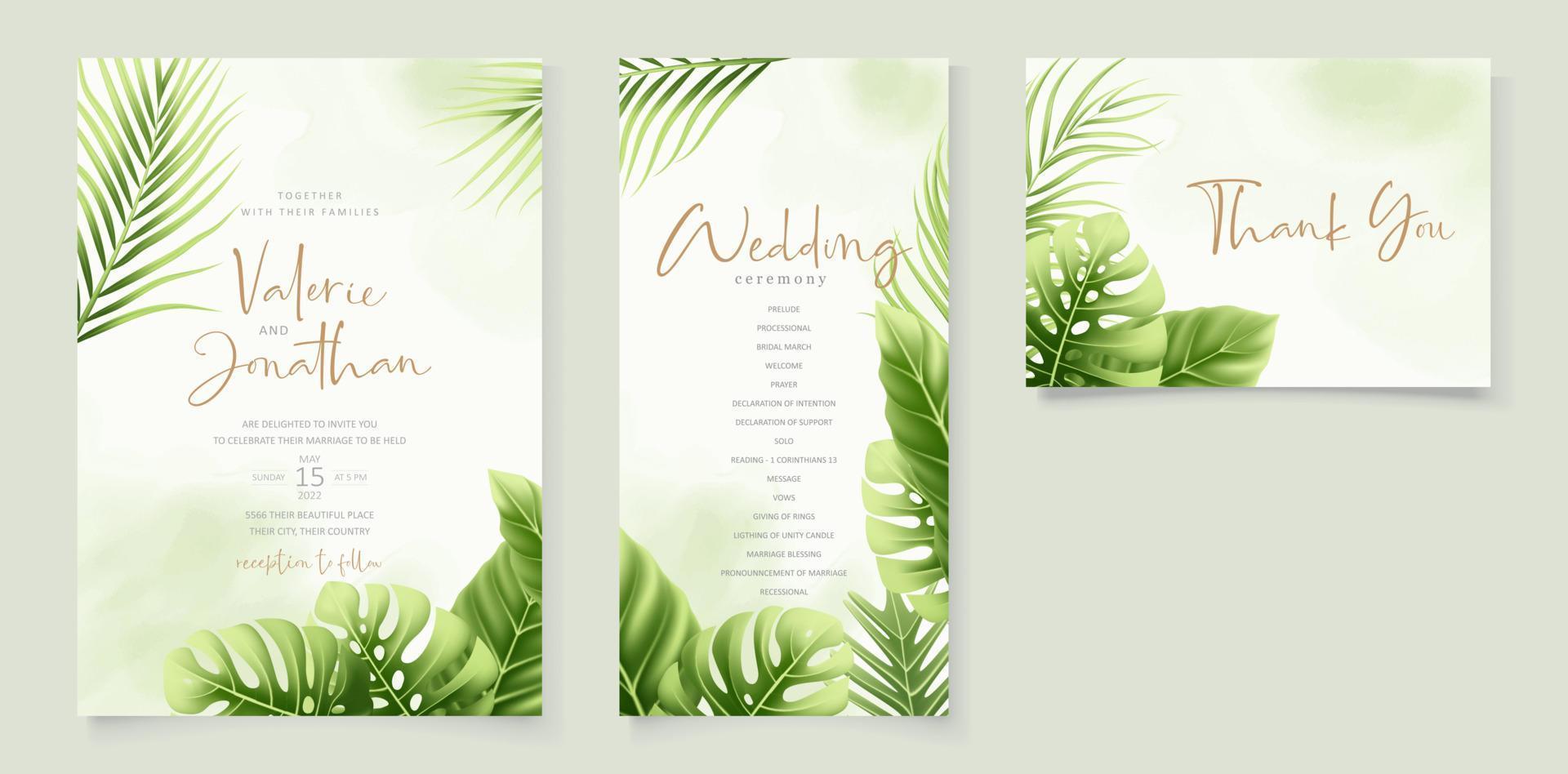 plantilla de invitación de boda con hojas de verano tropicales realistas vector