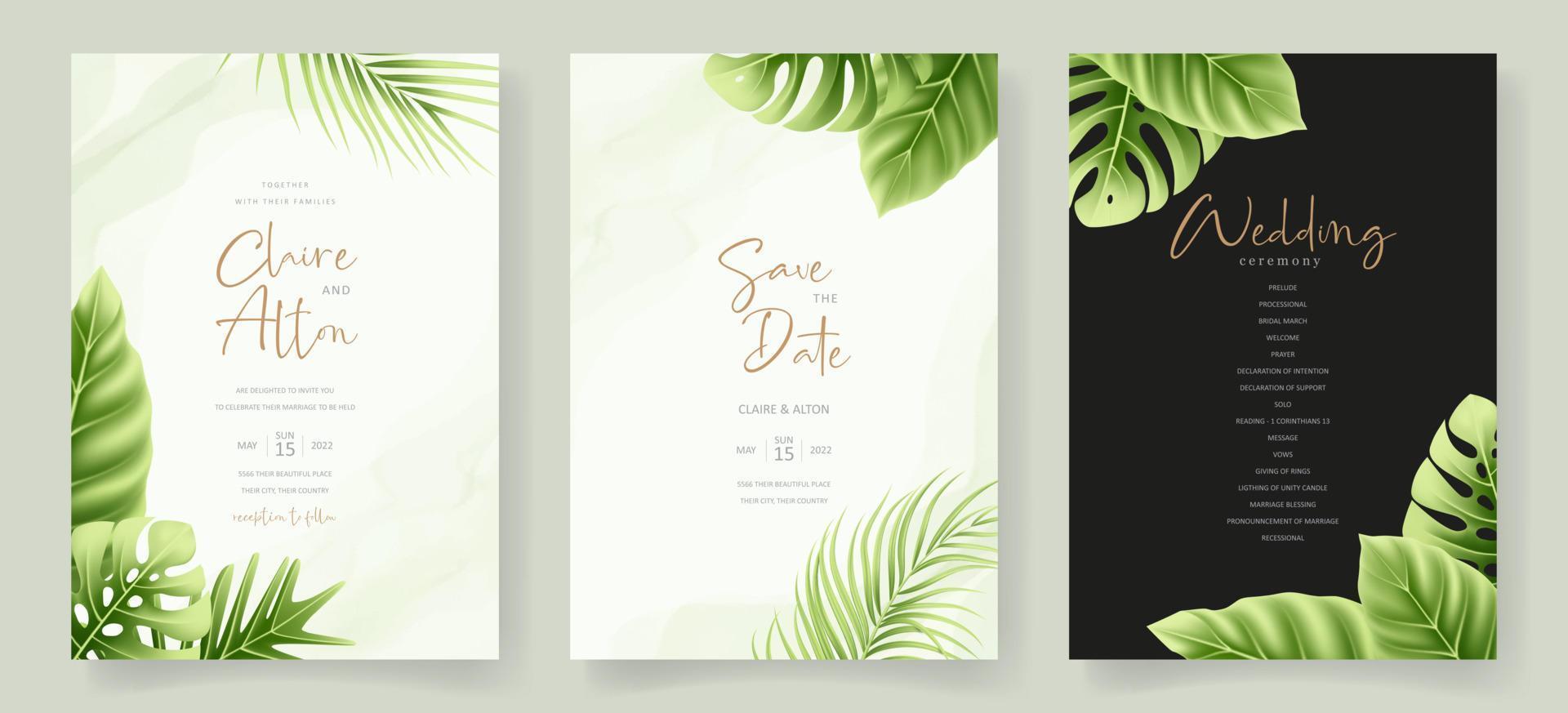 plantilla de invitación de boda con hojas de verano tropicales realistas vector