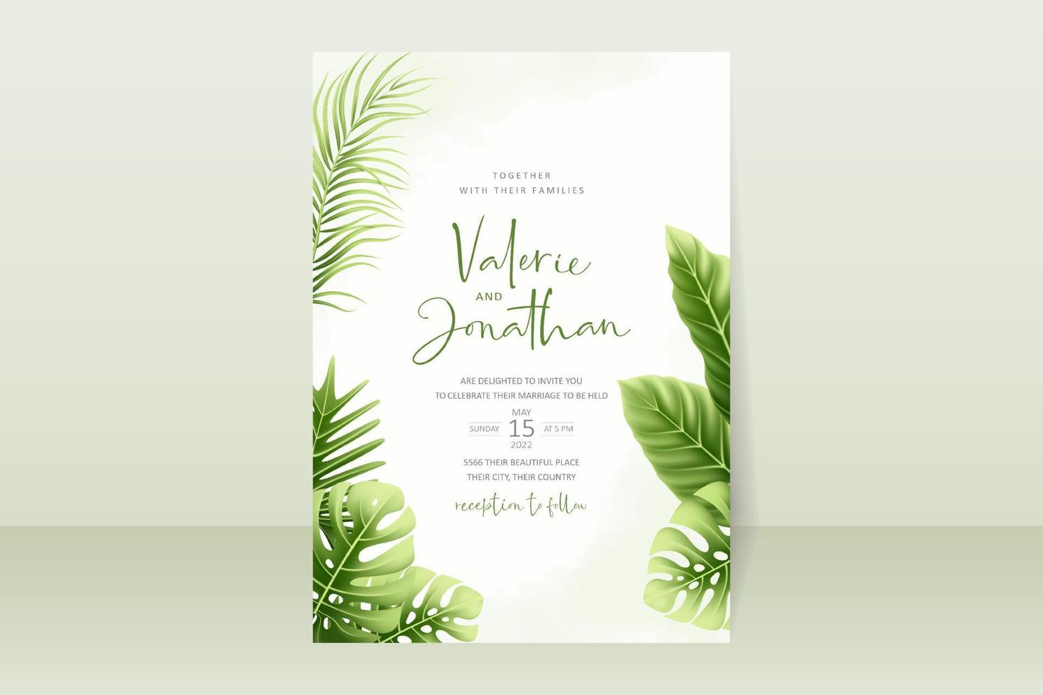 Wedding invitation template with realistic tropical summer leaves vector