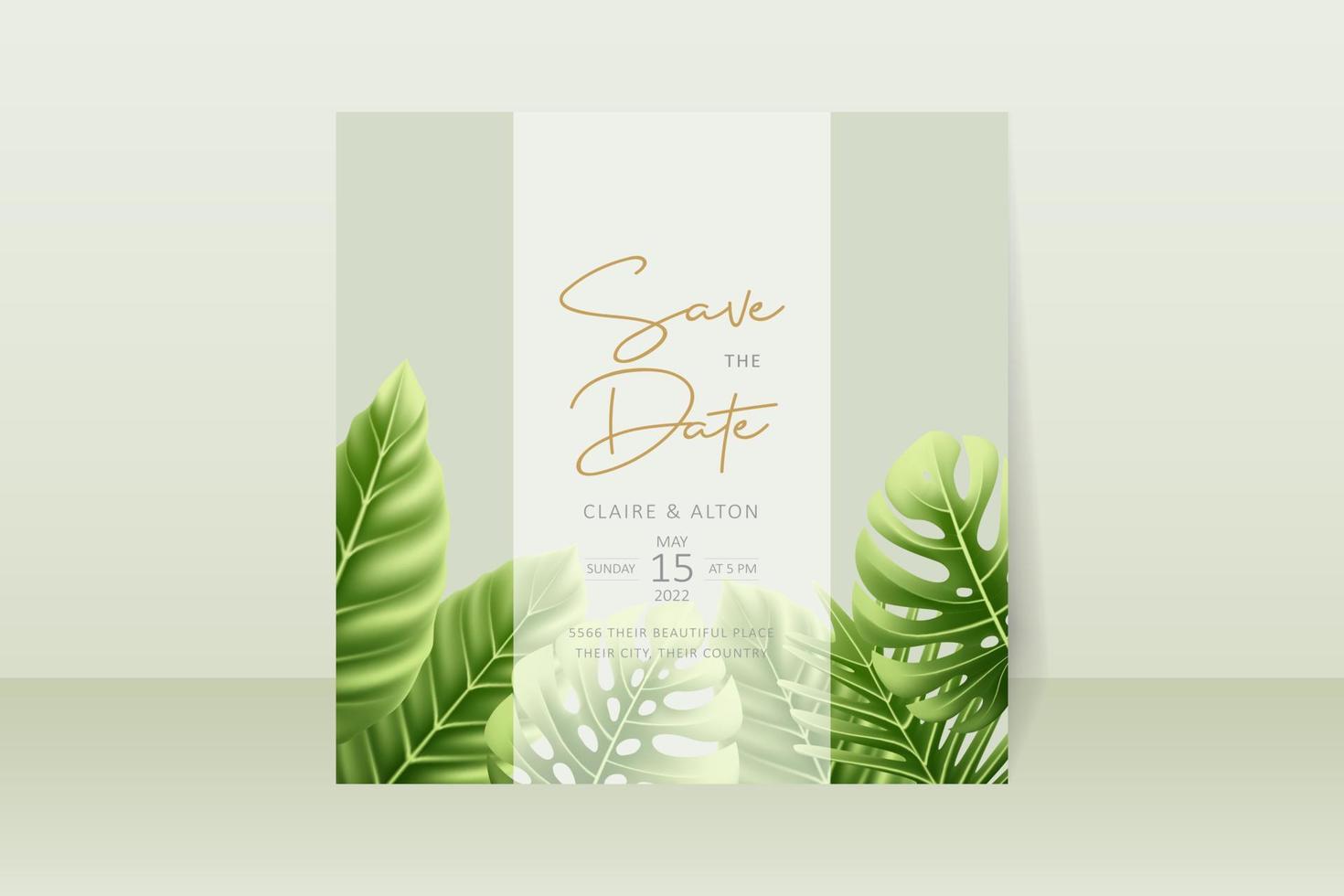 Wedding invitation template with realistic tropical summer leaves vector