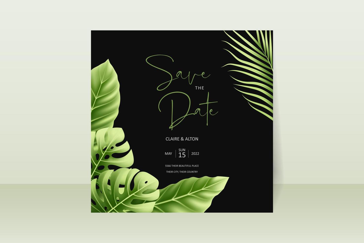 Wedding invitation template with realistic tropical summer leaves vector
