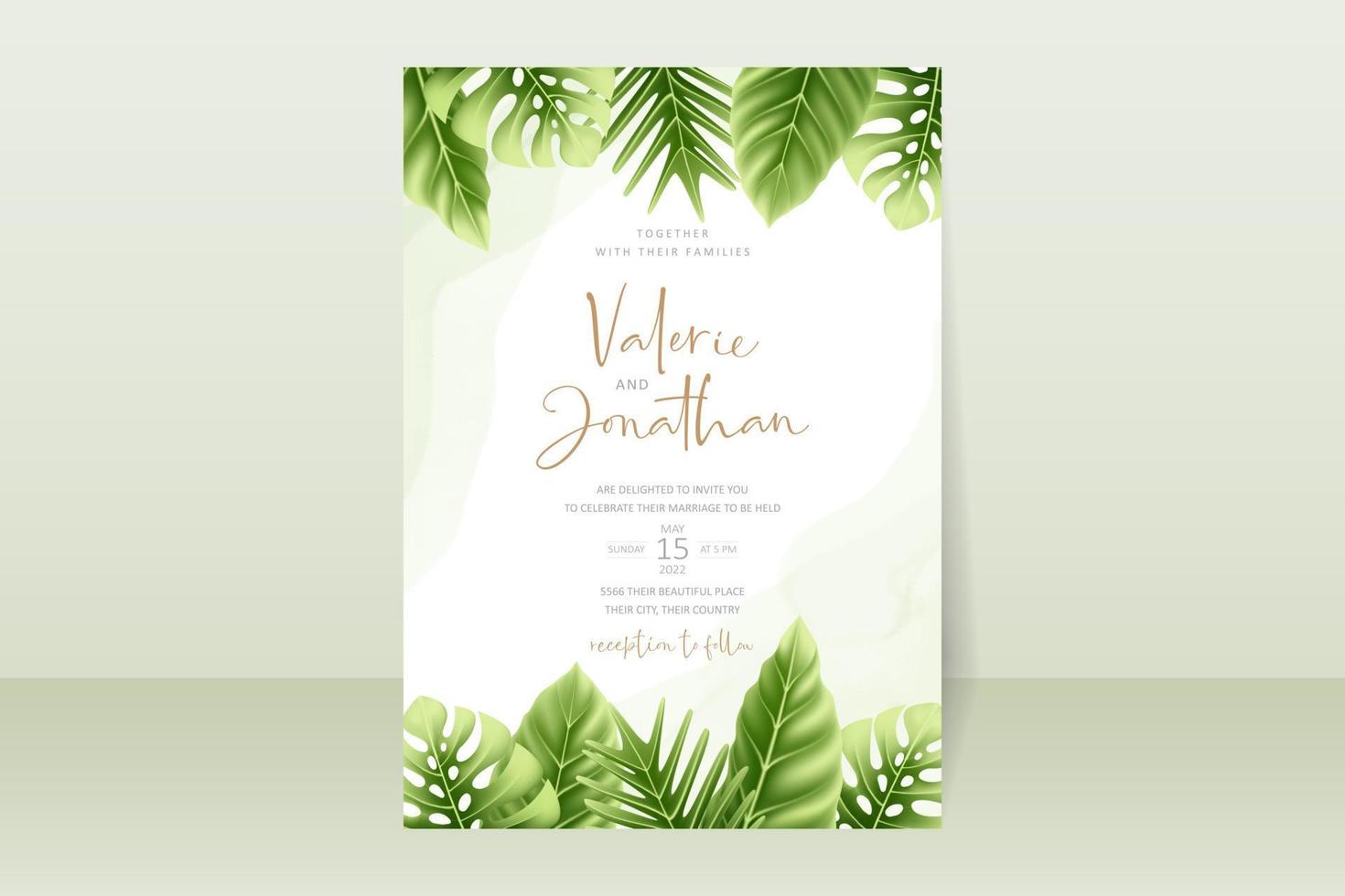 Wedding invitation template with realistic tropical summer leaves vector