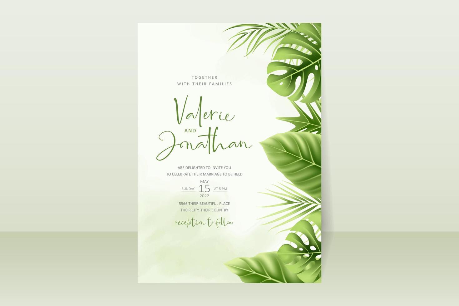 Wedding invitation template with realistic tropical summer leaves vector