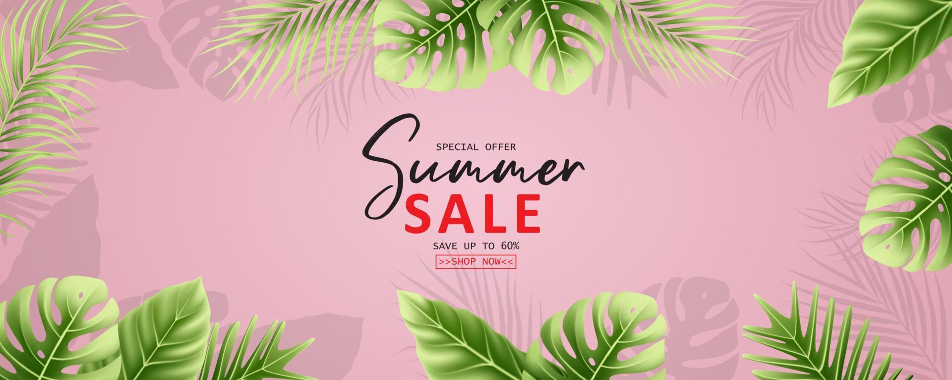 diseño de banner de venta de verano con fondo de hojas tropicales vector