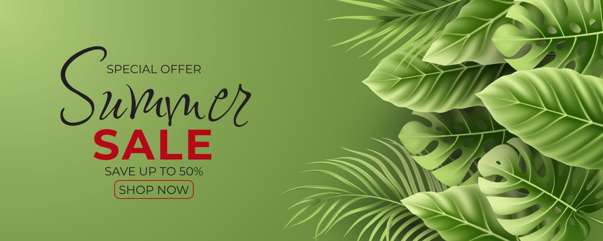 Summer sale banner design with tropical leaves background vector