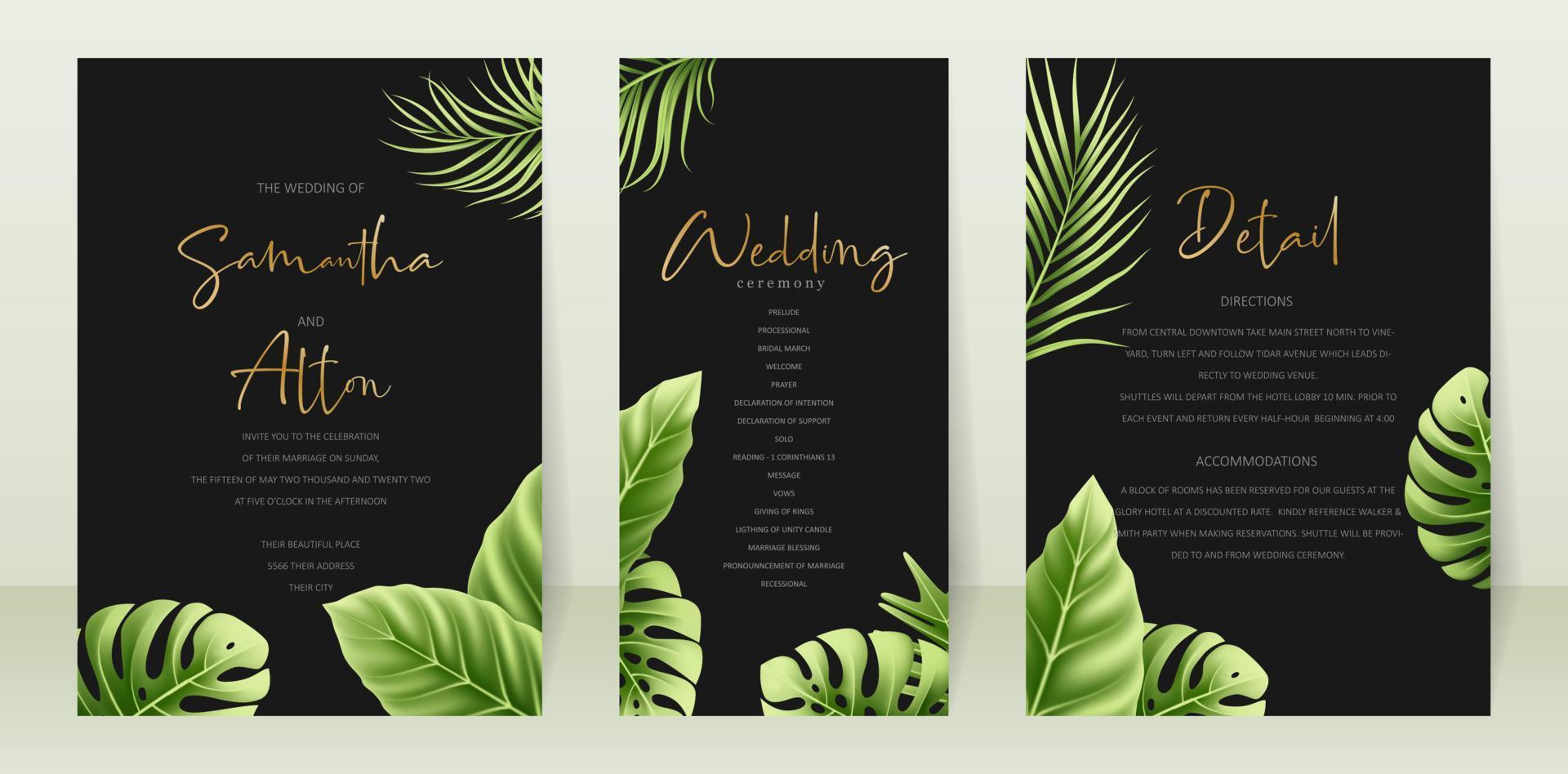 plantilla de invitación de boda con hojas de verano tropicales realistas vector