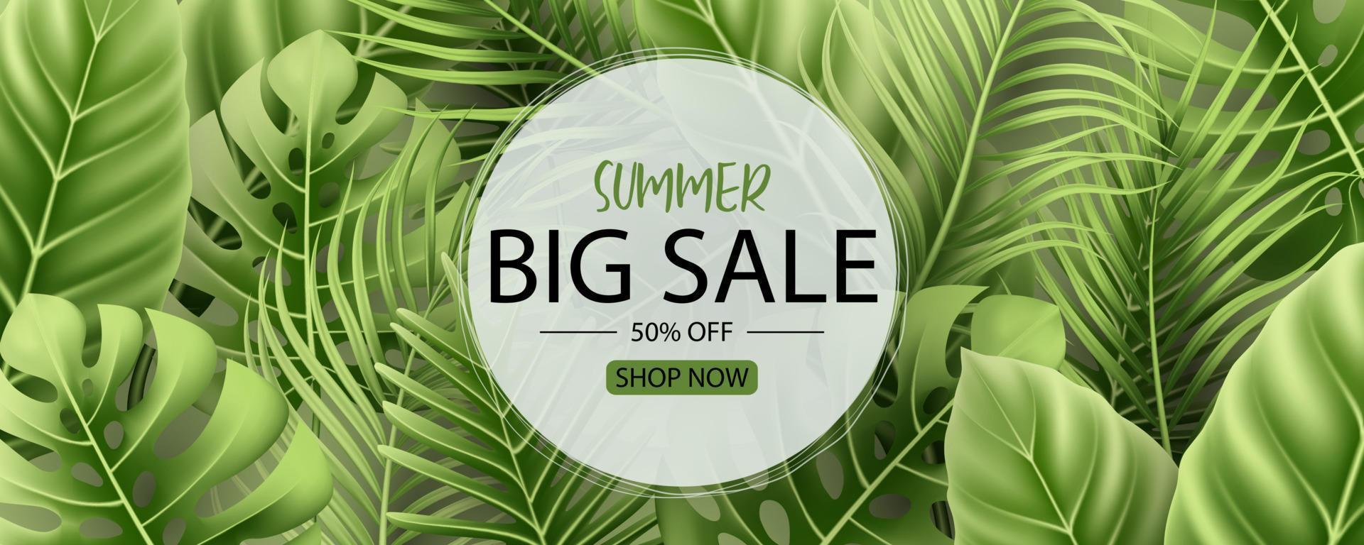 Summer sale banner design with tropical leaves background vector