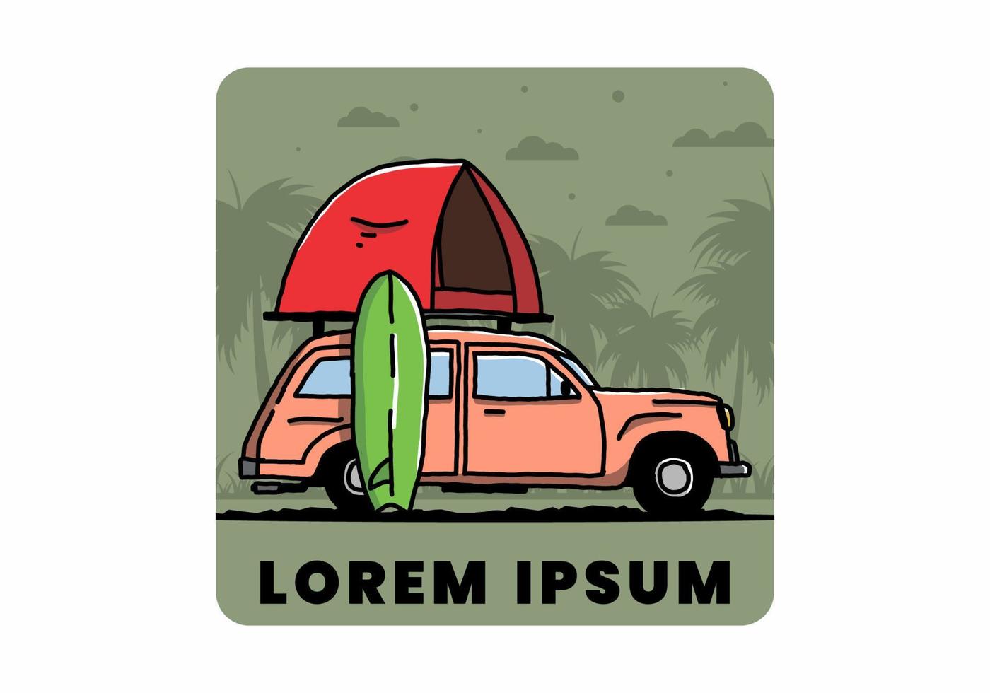 Illustration of car with a roof tent and a surfboard on the side vector