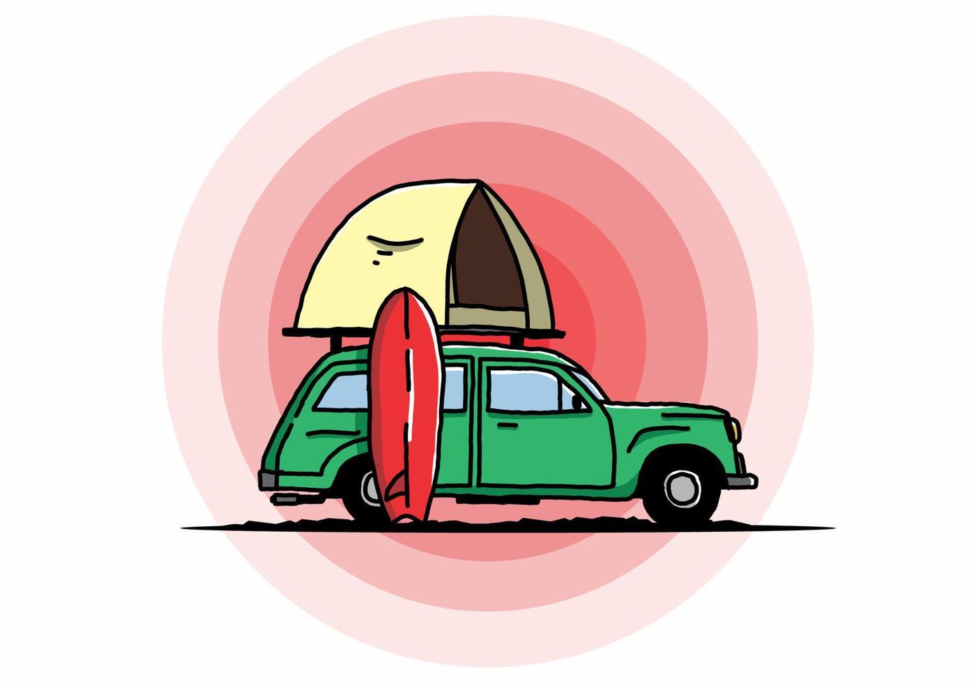 ilustración de un coche con una carpa en el techo y una tabla de surf al costado vector