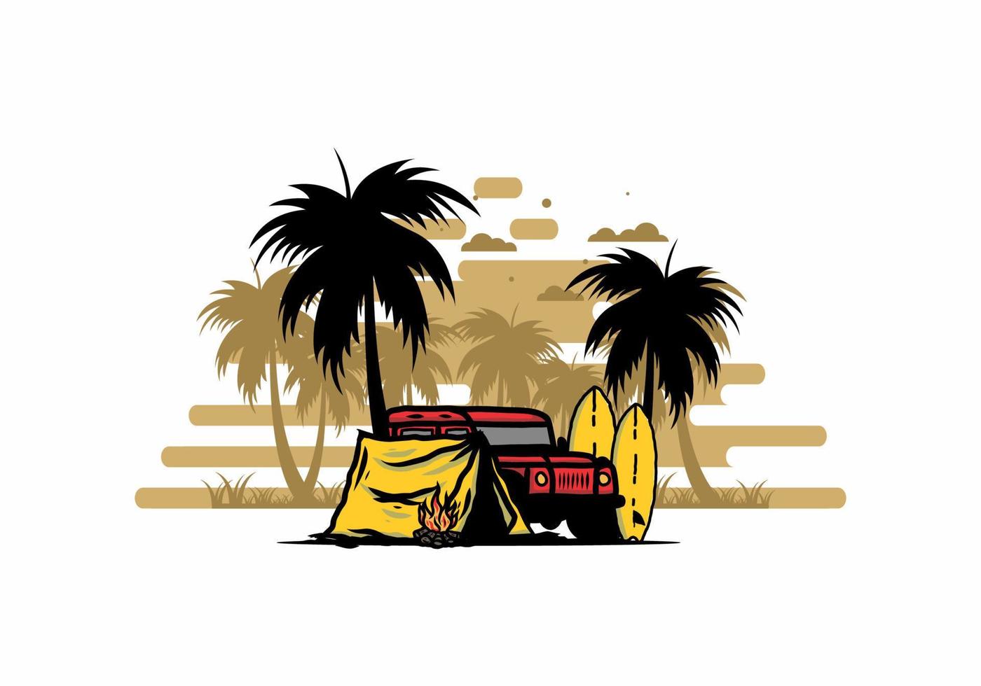 Camping on the beach with off road car vector