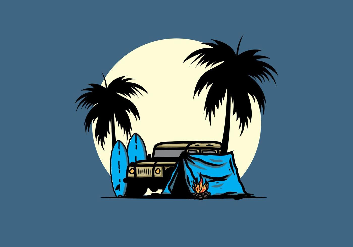 Camping on the beach with off road car vector