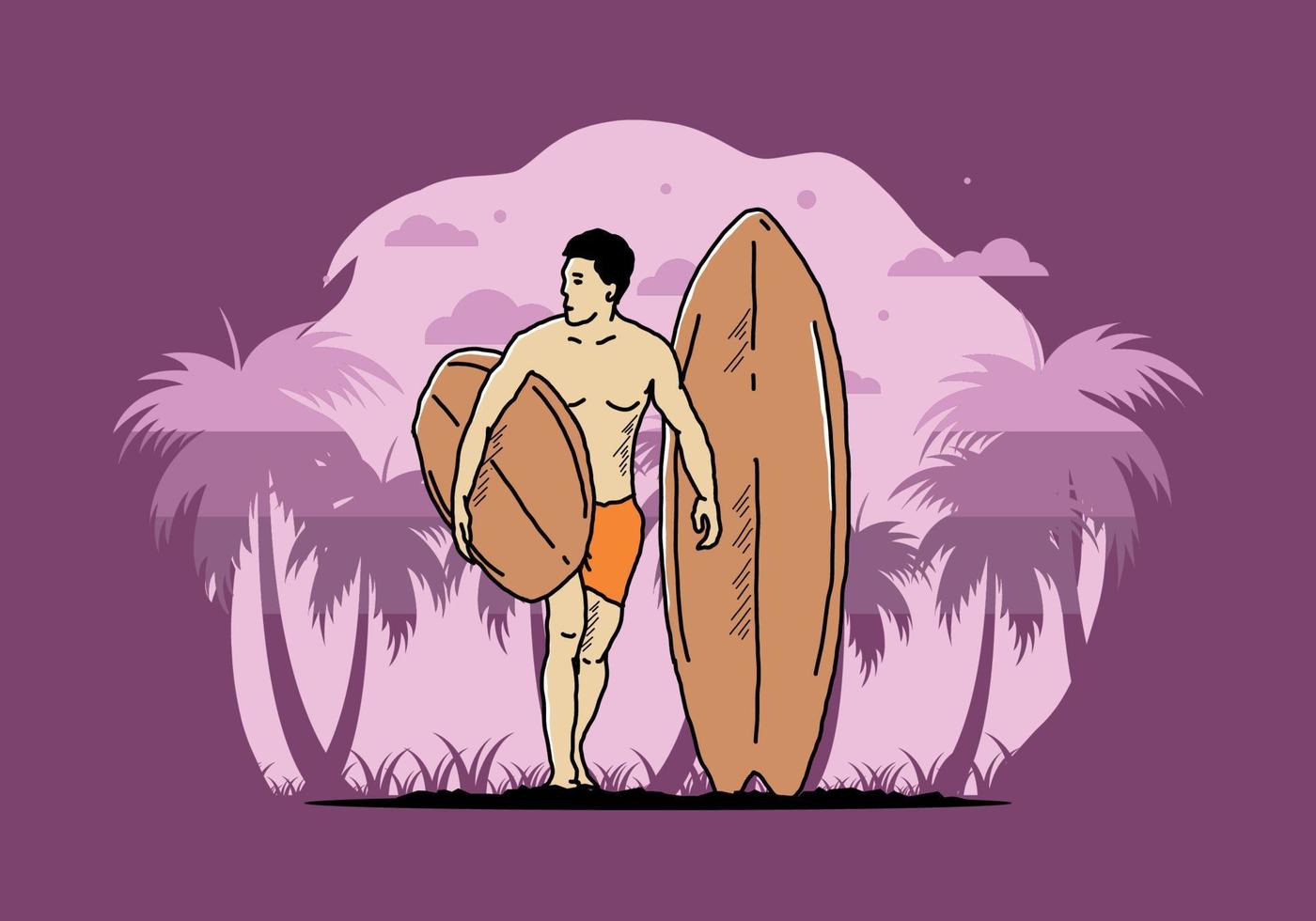 el hombre sin camisa que sostiene la ilustración de la tabla de surf vector