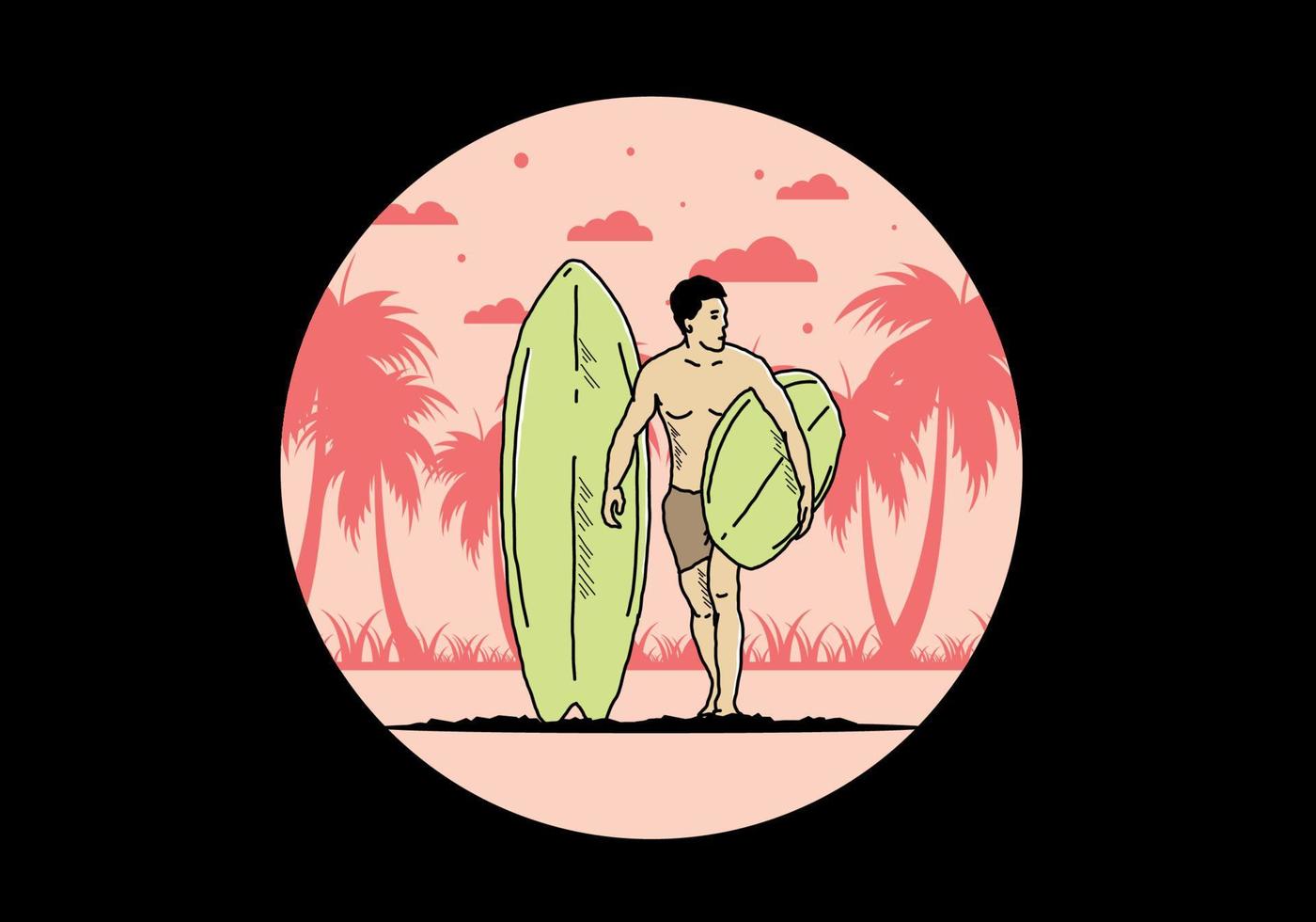 The shirtless man holding surfboard illustration vector