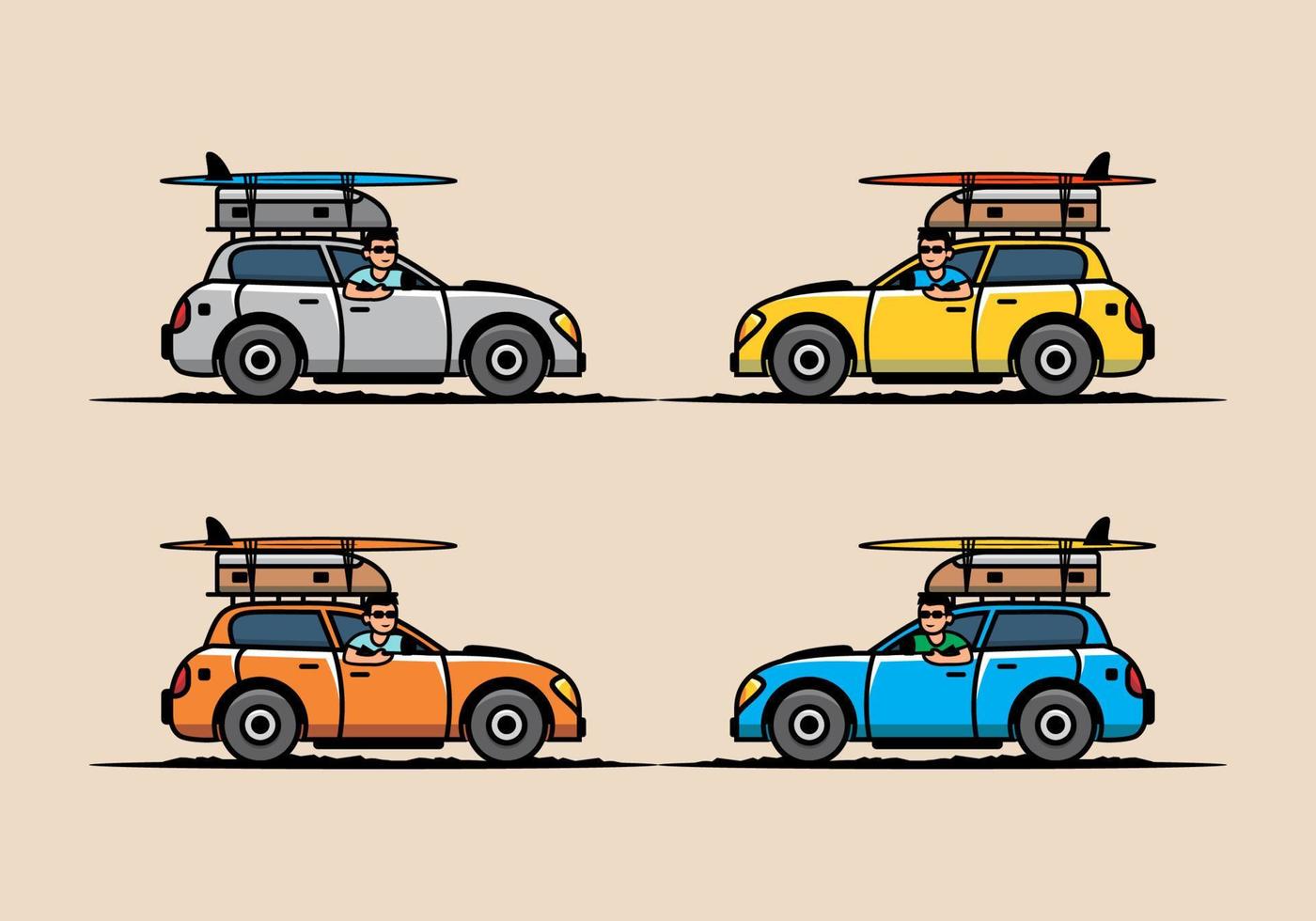 ilustración de un hombre montando un coche de vacaciones vector