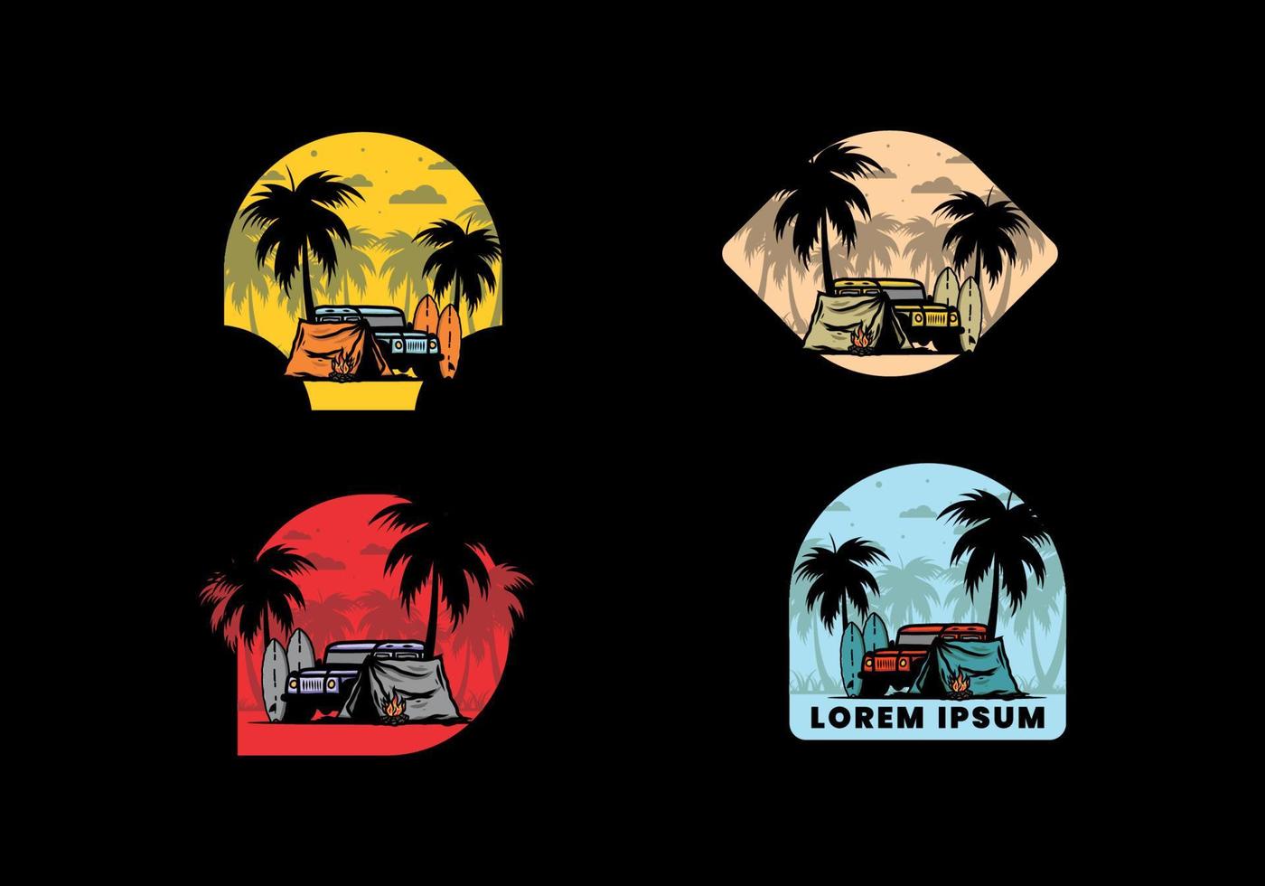 Camping on the beach with off road car vector