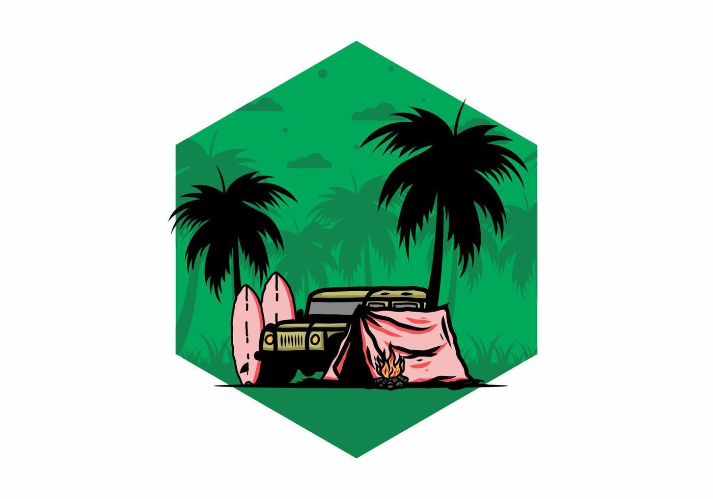 Camping on the beach with off road car vector