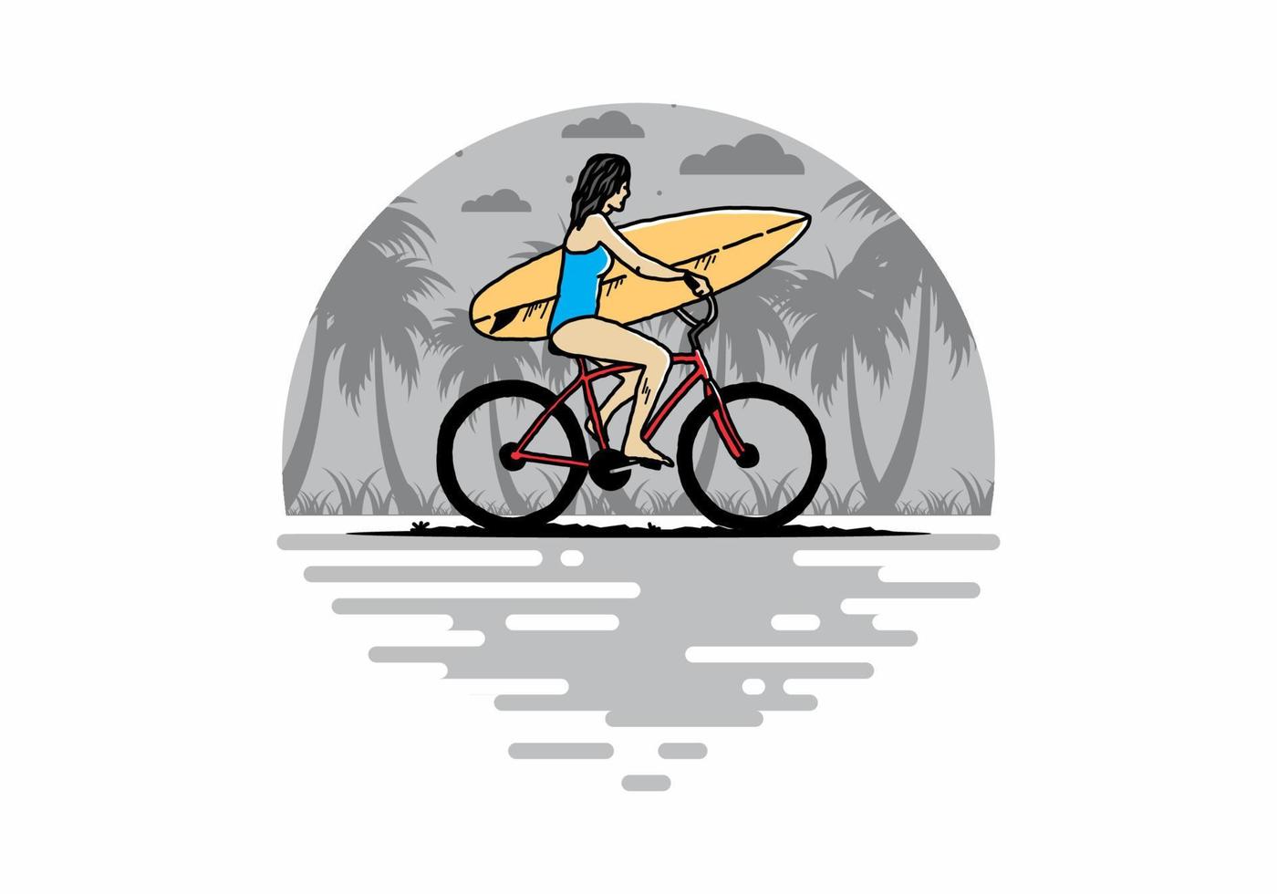 ilustración de una mujer que va a surfear en bicicleta vector