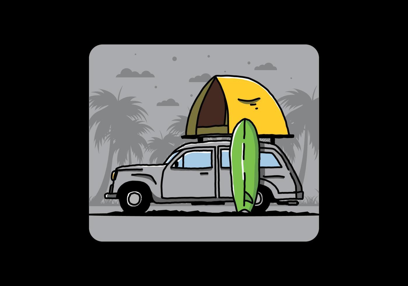 ilustración de un coche con una carpa en el techo y una tabla de surf al costado vector