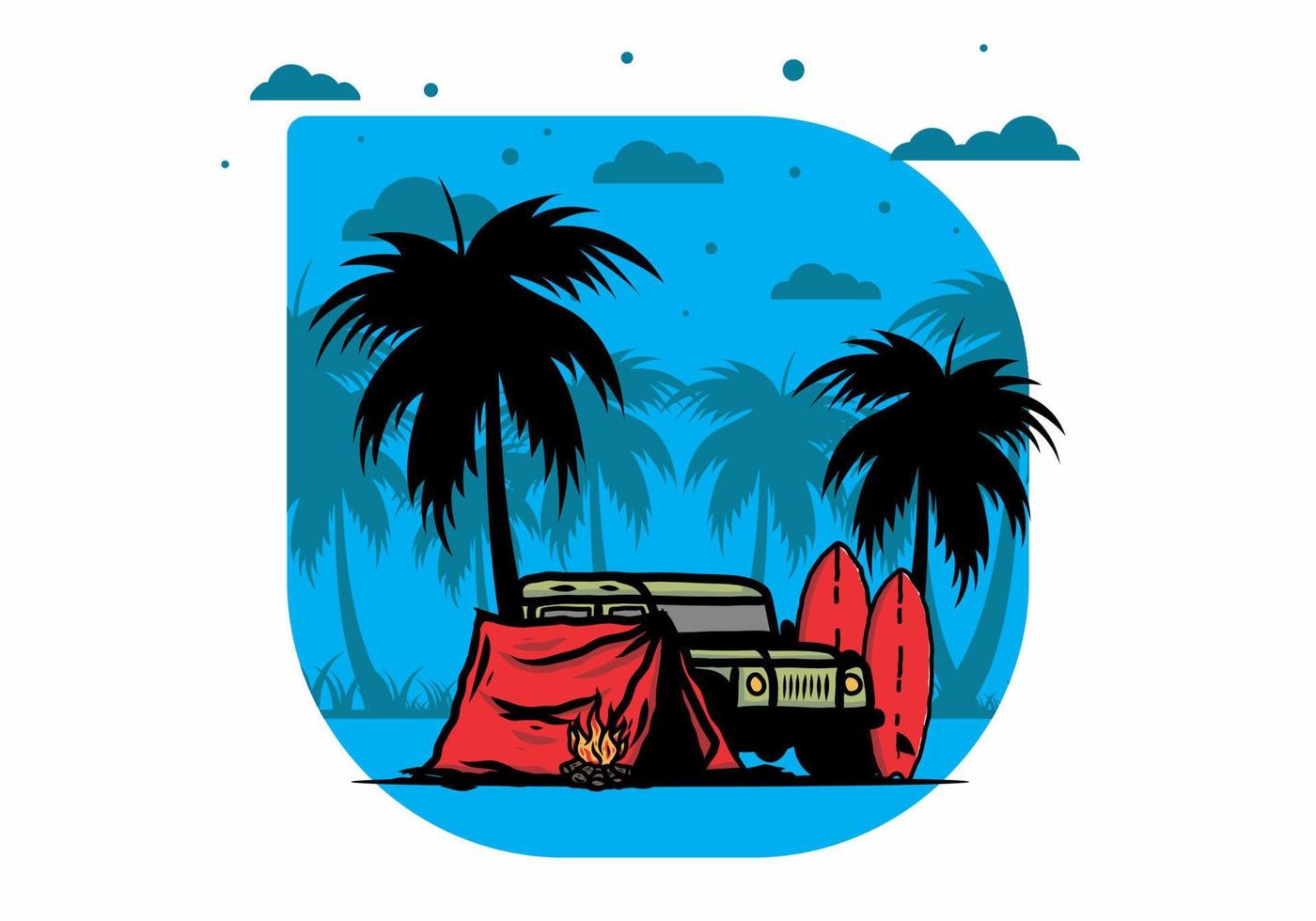 Camping on the beach with off road car vector