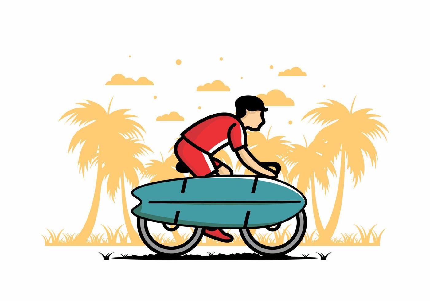 andar en bicicleta con una ilustración de tabla de surf vector