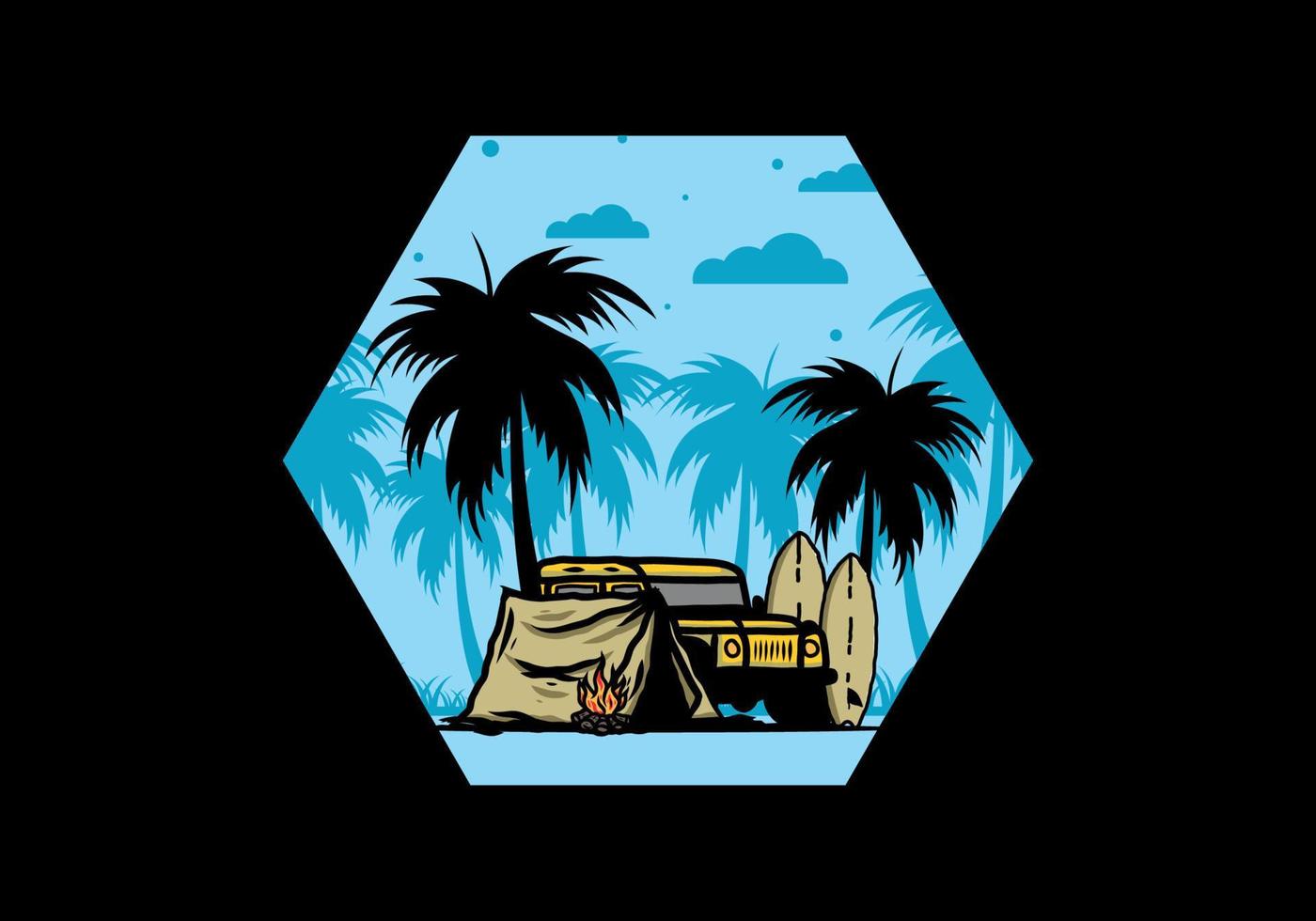 Camping on the beach with off road car vector