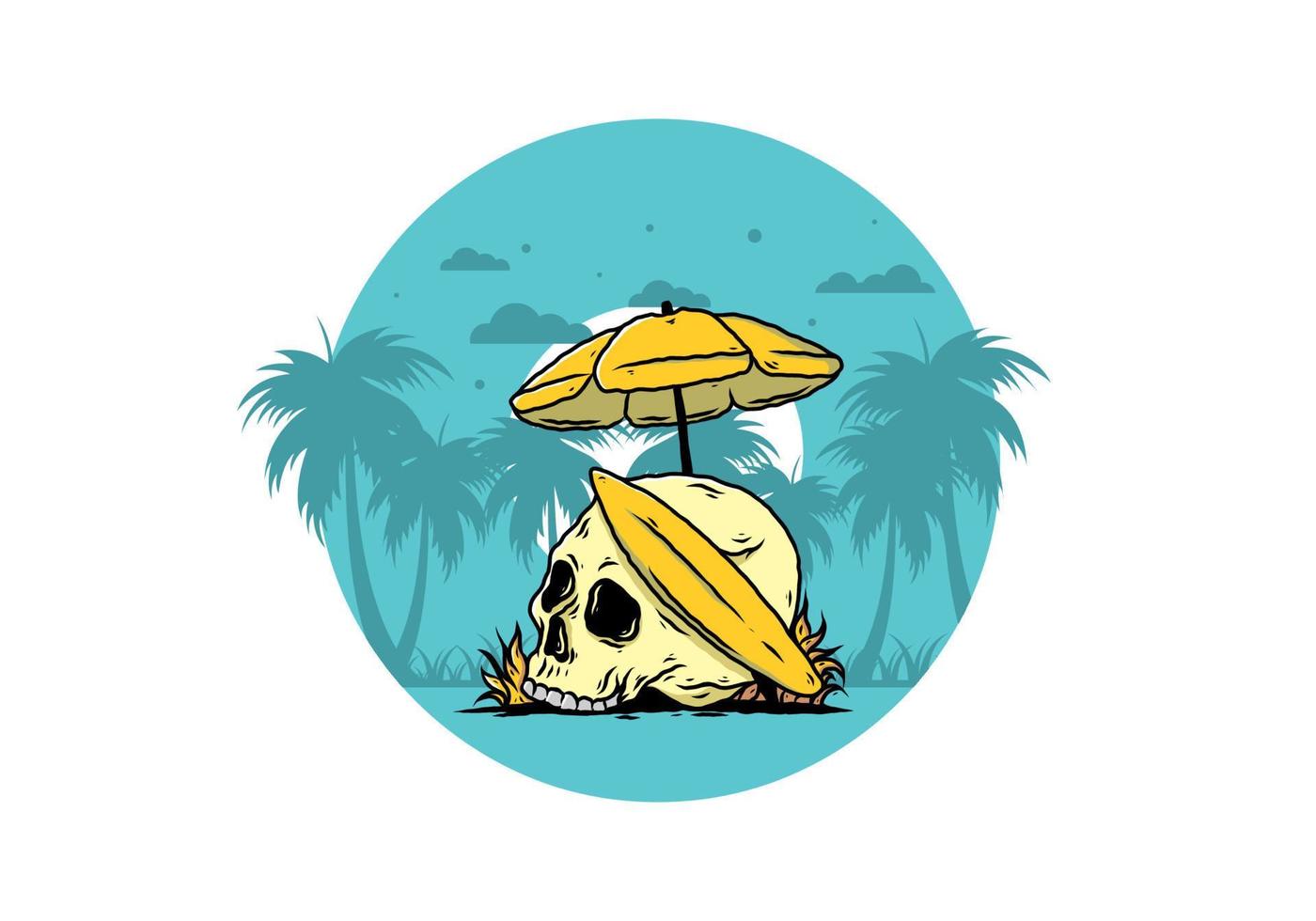 ilustración de calavera con tabla de surf bajo sombrilla de playa vector