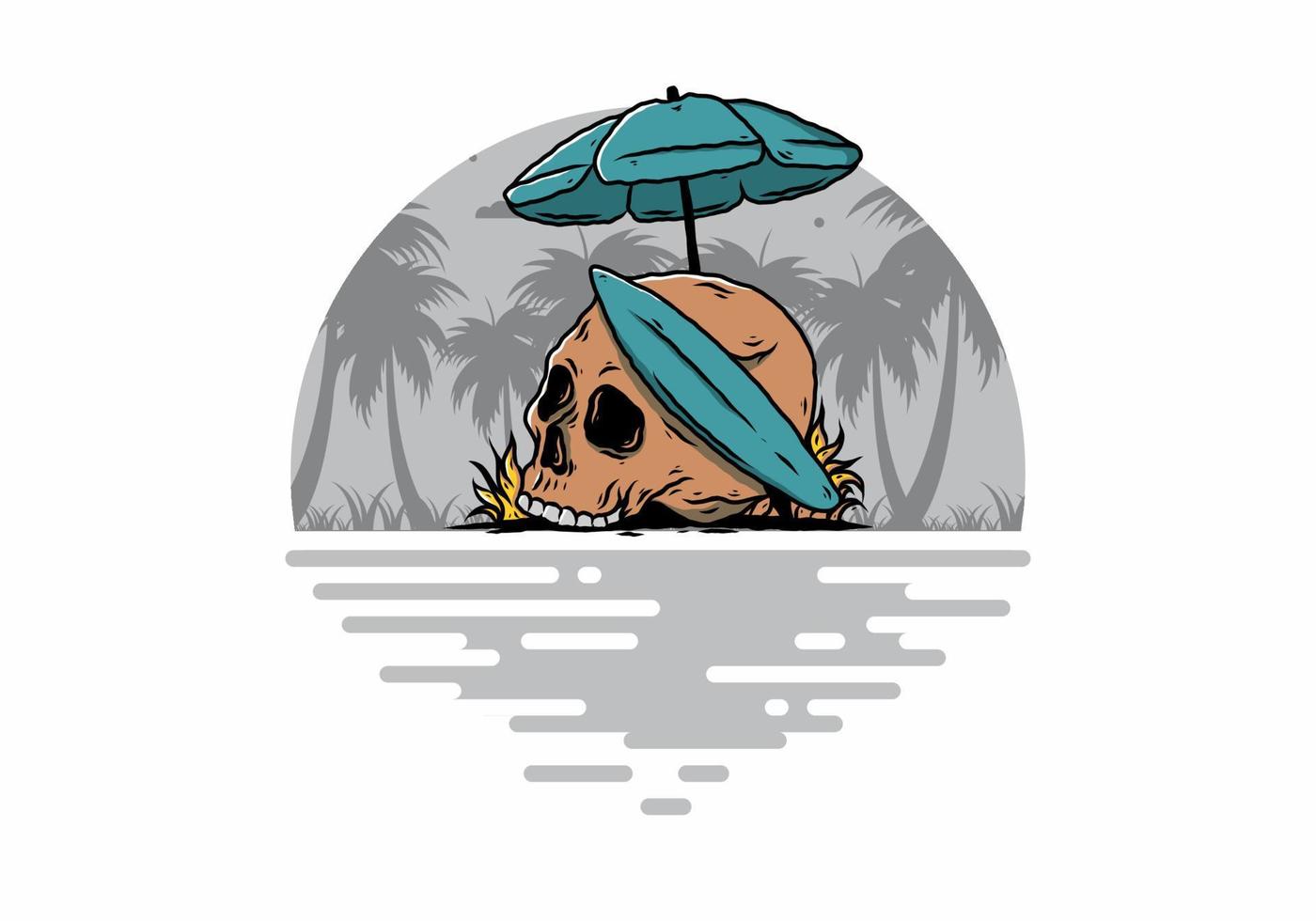ilustración de calavera con tabla de surf bajo sombrilla de playa vector