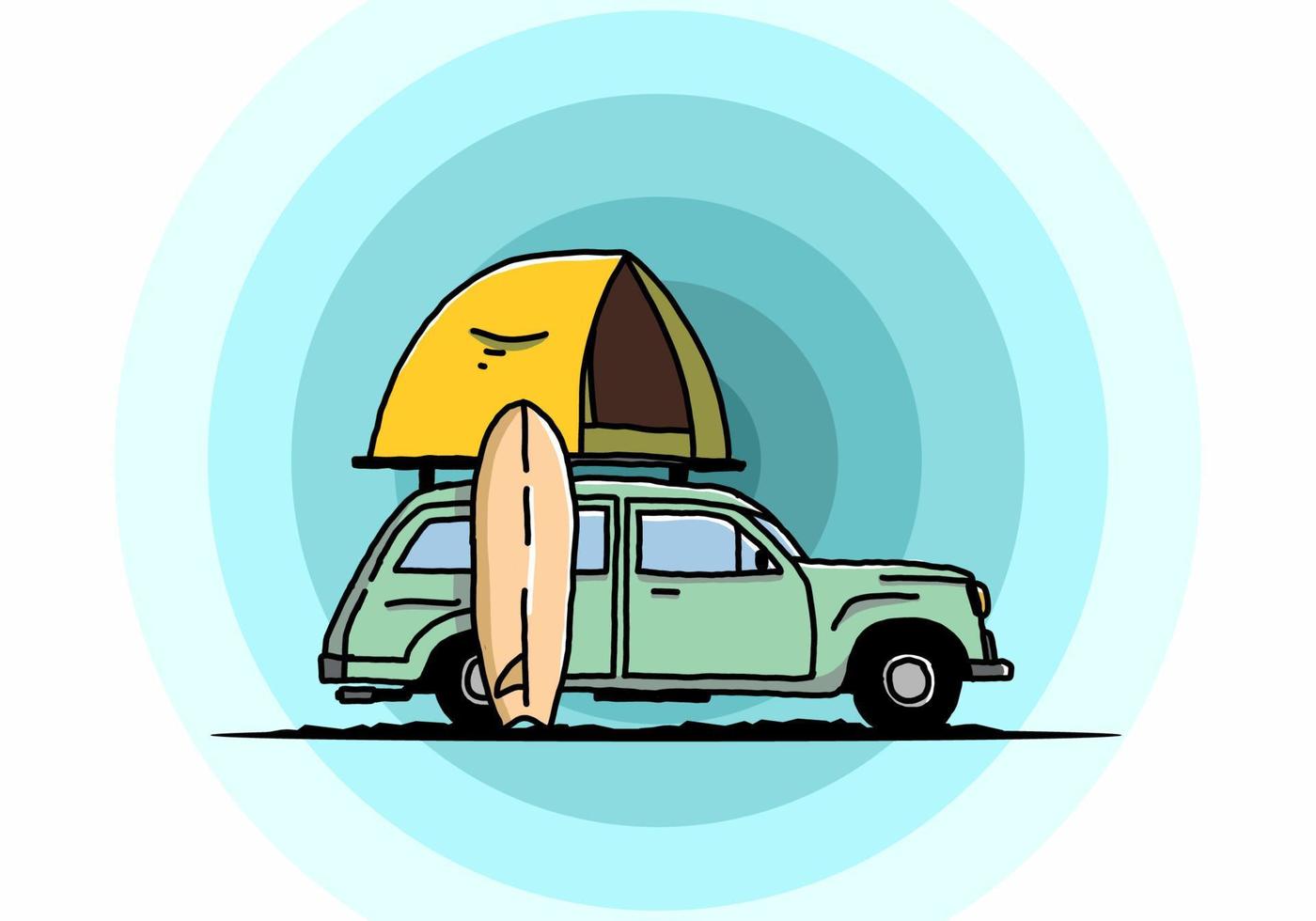 ilustración de un coche con una carpa en el techo y una tabla de surf al costado vector