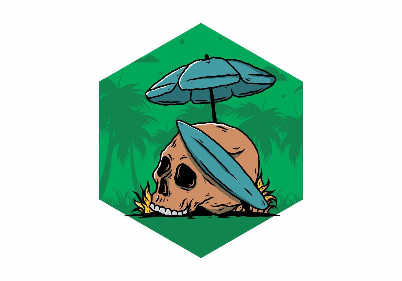 illustration of skull with surfing board under beach umbrella vector