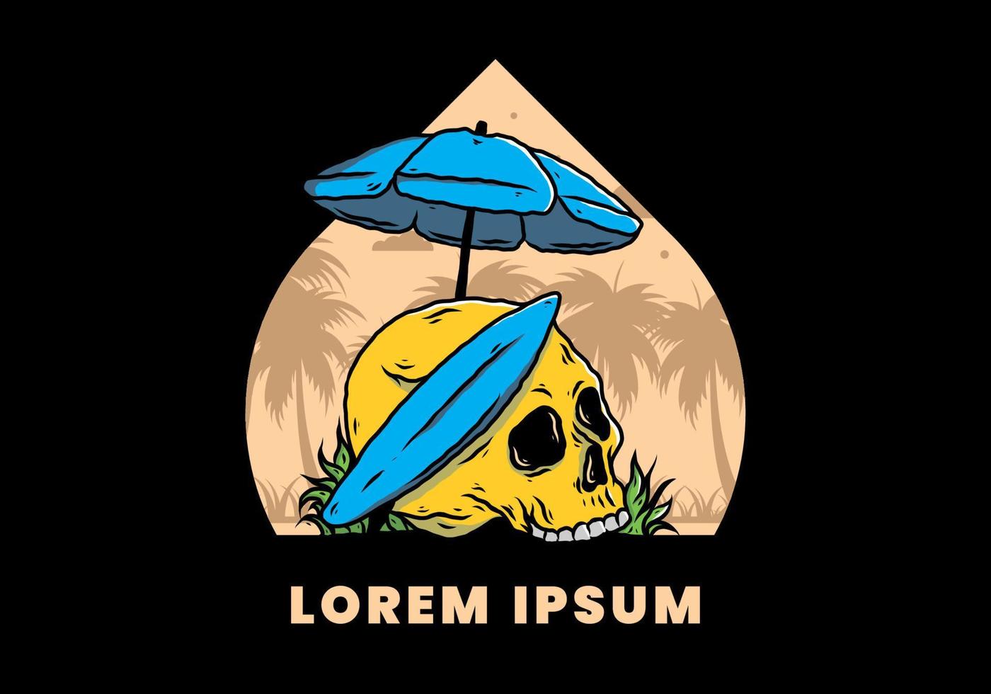 illustration of skull with surfing board under beach umbrella vector