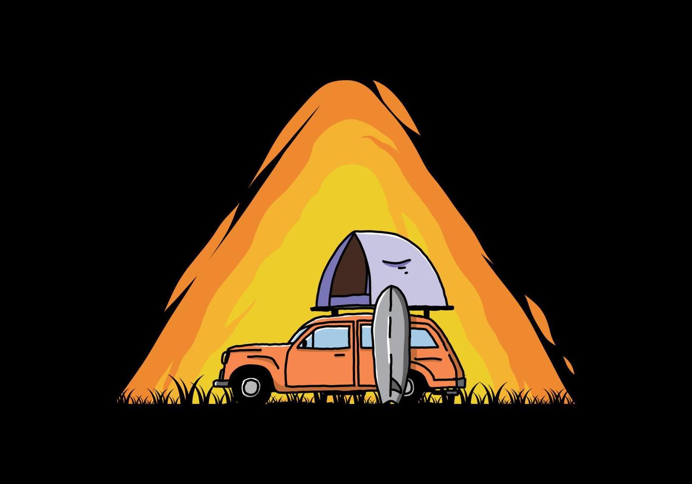 Illustration of car with a roof tent and a surfboard on the side vector
