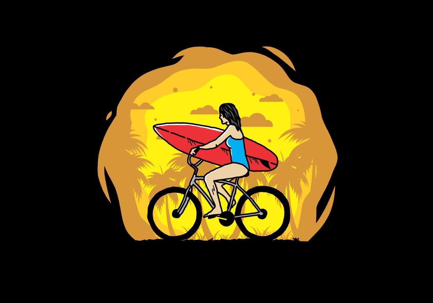 ilustración de una mujer que va a surfear en bicicleta vector