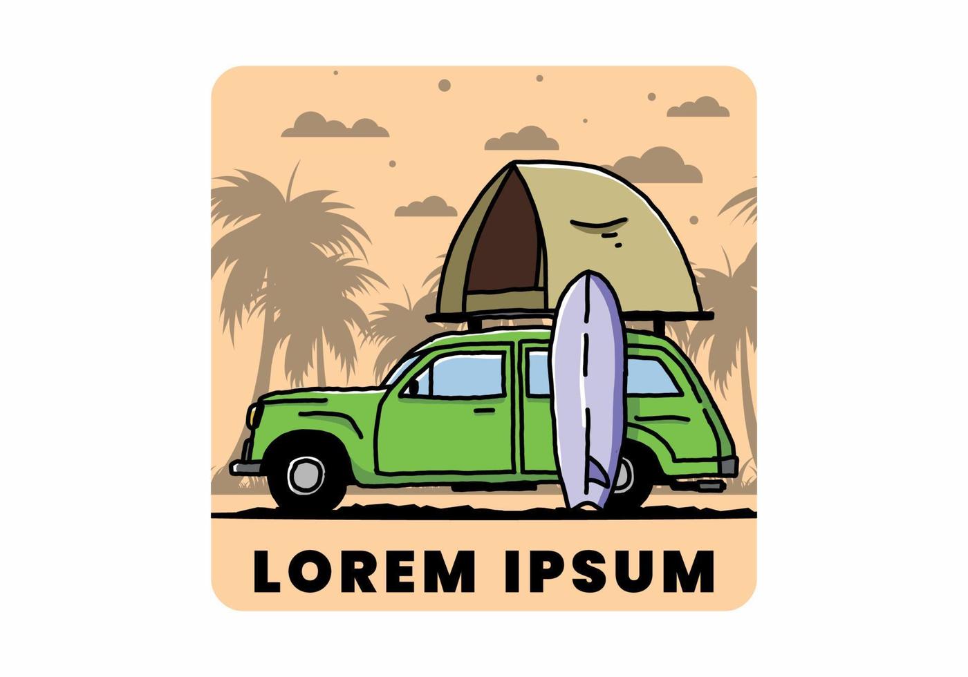 Illustration of car with a roof tent and a surfboard on the side vector